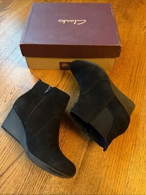 Clarks Crystal Quartz Black Suede Wedge Ankle Booties